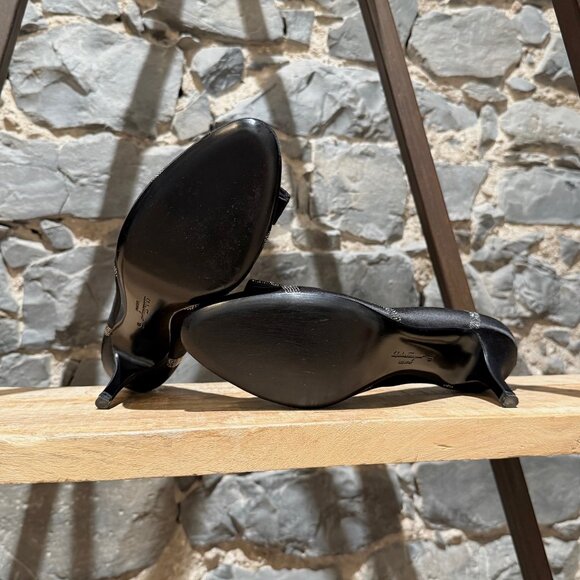 Salvatore Ferragamo Black Satin Crystal Embellished Pumps - Picture 6 of 12